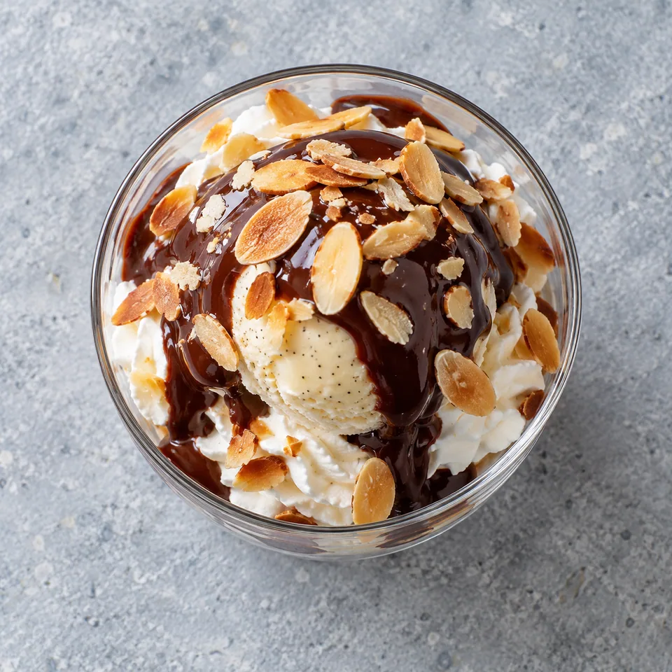 Dame blanche au chocolat chaud : glace vanillée dans une verrine, nappée de sauce chocolat brillant et parsemée d'amandes grillées dorées.