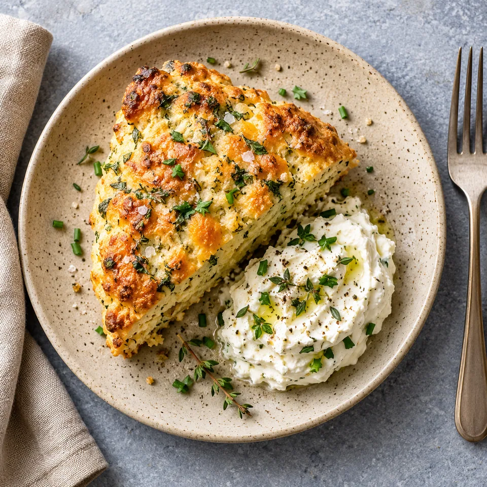 Damper aux herbes et au cheddar : une part dorée servie avec une boule de fromage frais blanc sur une assiette beige.