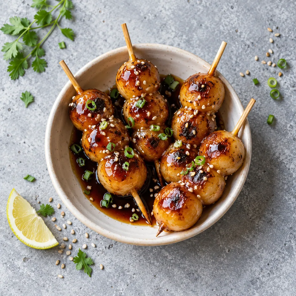 Dango grillés à la sauce soja sucrée : quatre brochettes de boulettes dorées et brillantes dans un ramequin blanc cassé.