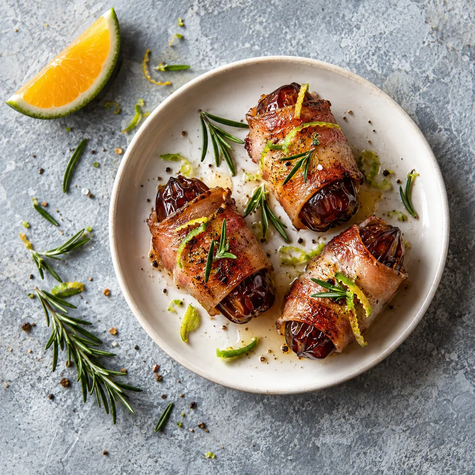 Trois dattes rôties au jambon de dinde doré, garnies de zeste d'orange et romarin sur une assiette blanche.