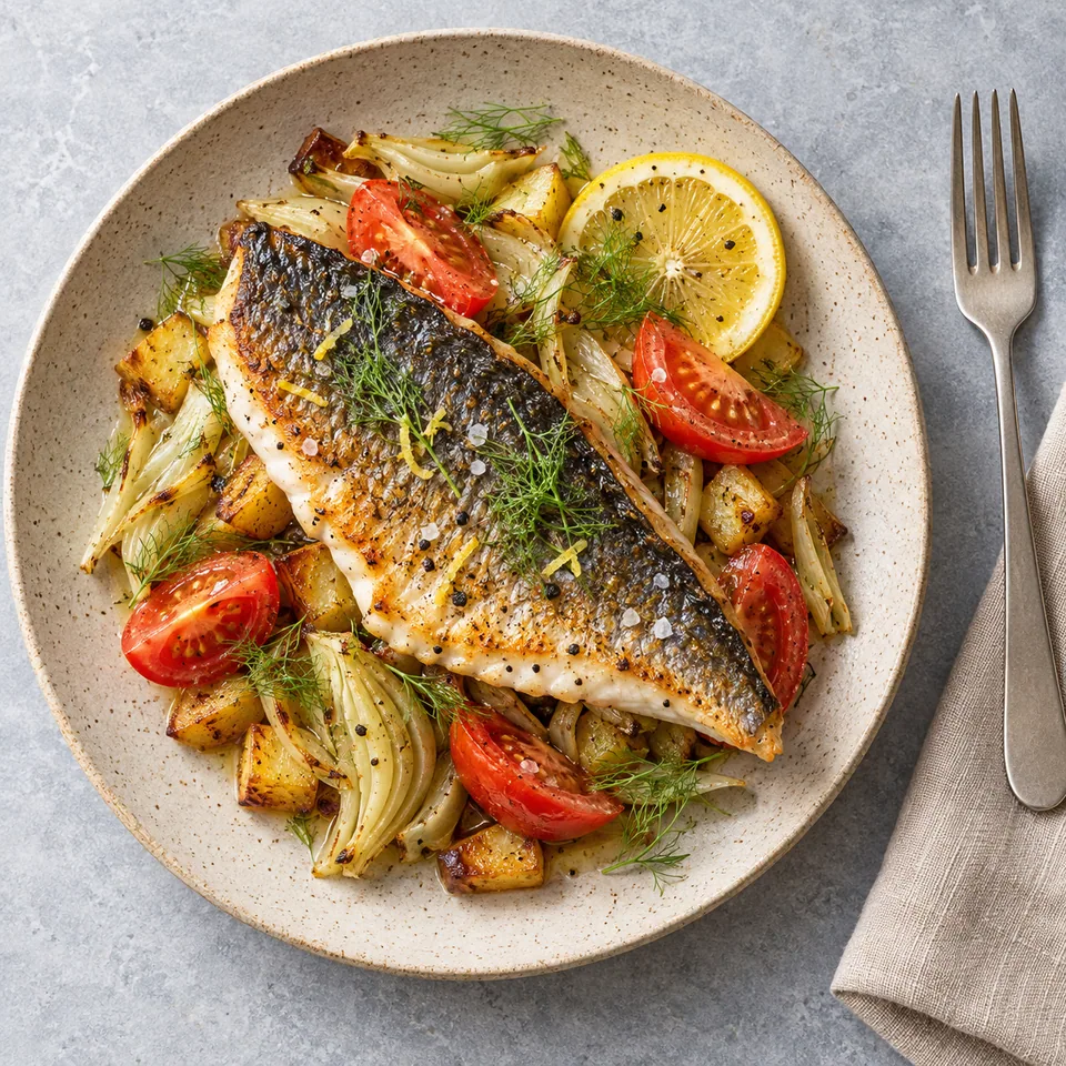 Daurade grillée au fenouil et citron : filet croustillant sur pommes de terre et fenouil, accompagné de tomates et citron.