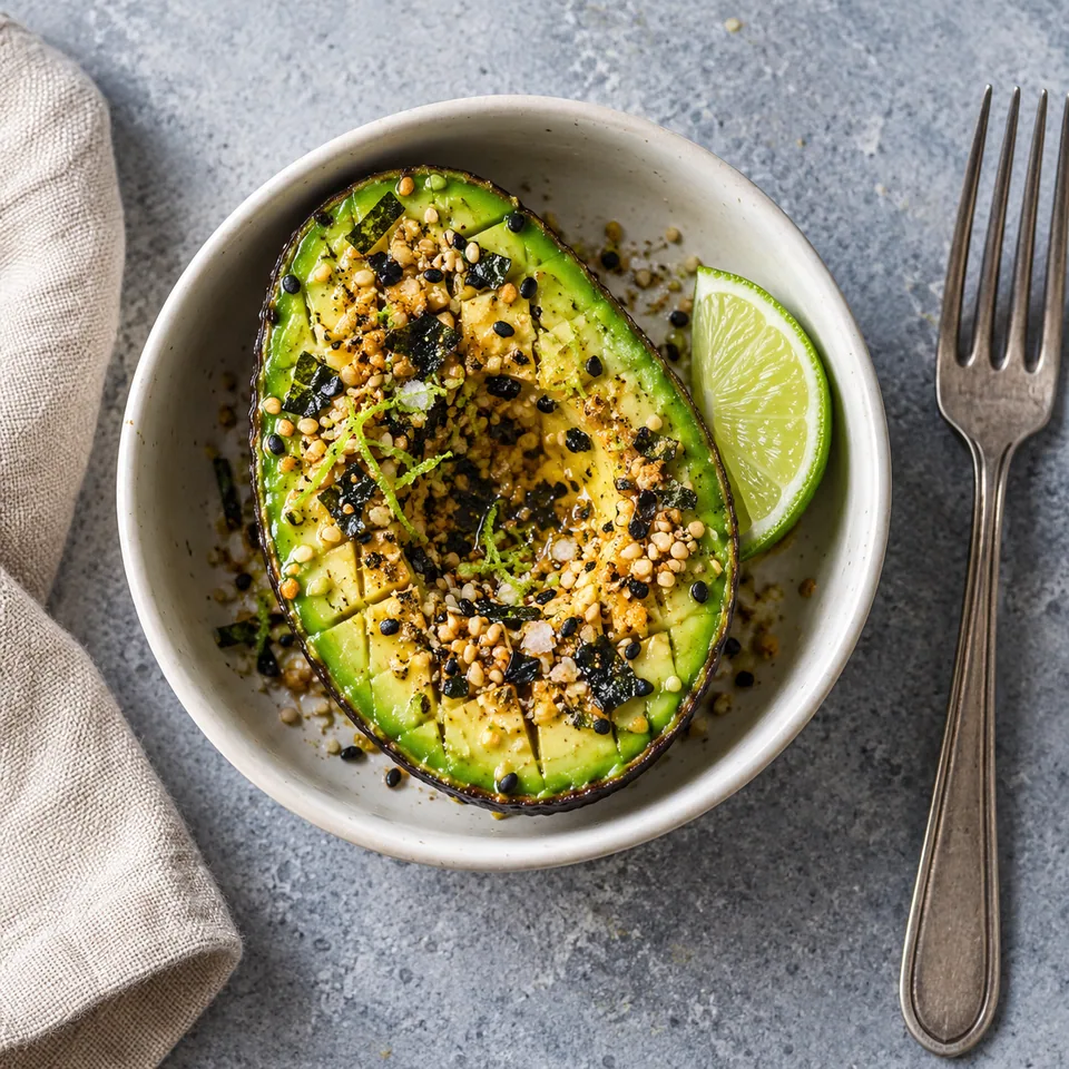 Demi-avocat au furikake maison et citron vert dans un petit bol blanc cassé, chair quadrillée et garnie de sésame doré et nori.