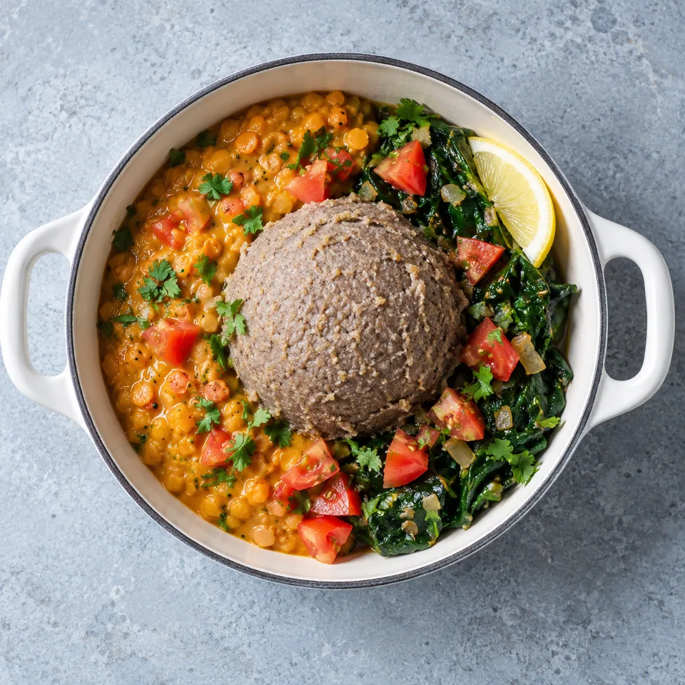 Portion de dhido népalais, dal et épinards dans une cocotte : boule de sarrasin, lentilles orangées, épinards verts et tomates rouges.