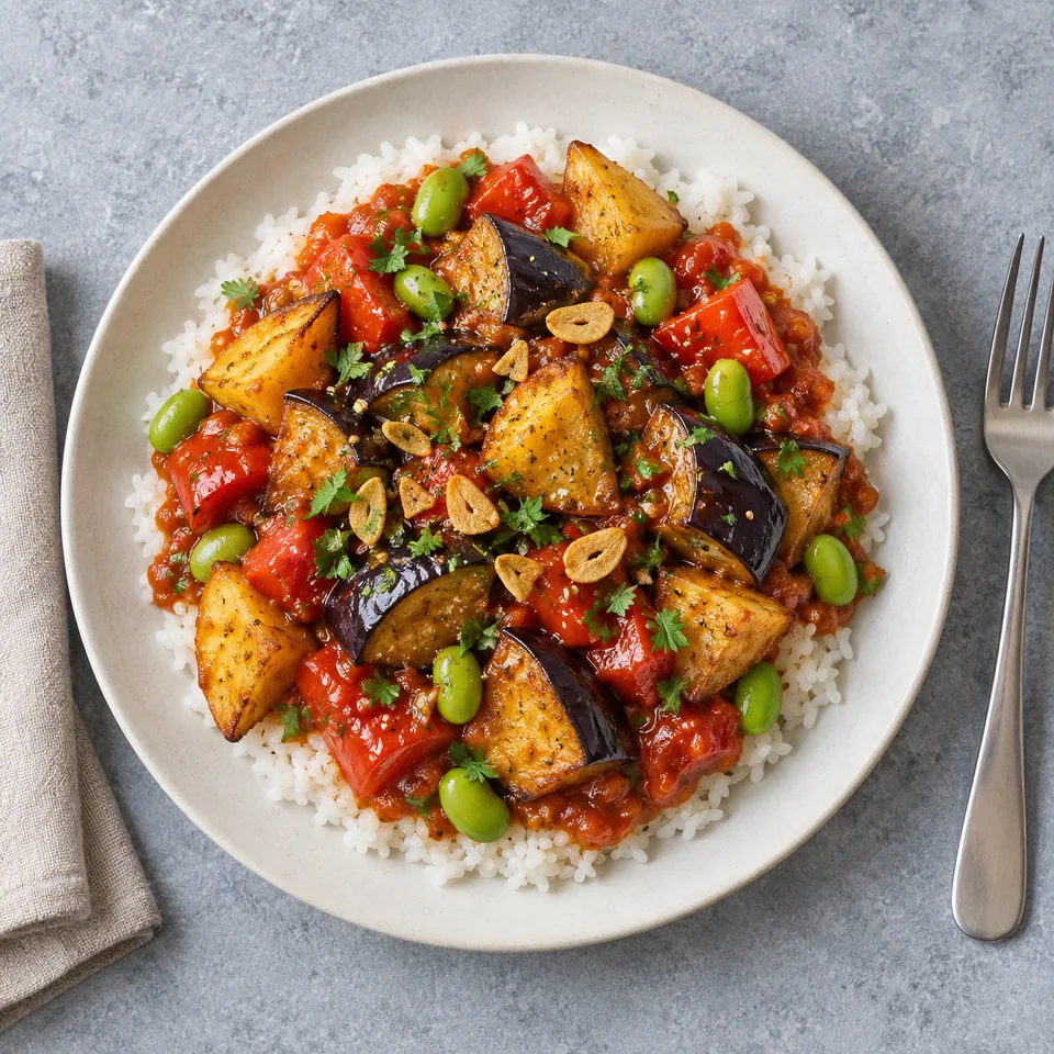 Assiette de Di san xian à l'air fryer : riz, légumes rôtis (aubergine, poivron, pomme de terre) et edamame nappés de sauce tomate.