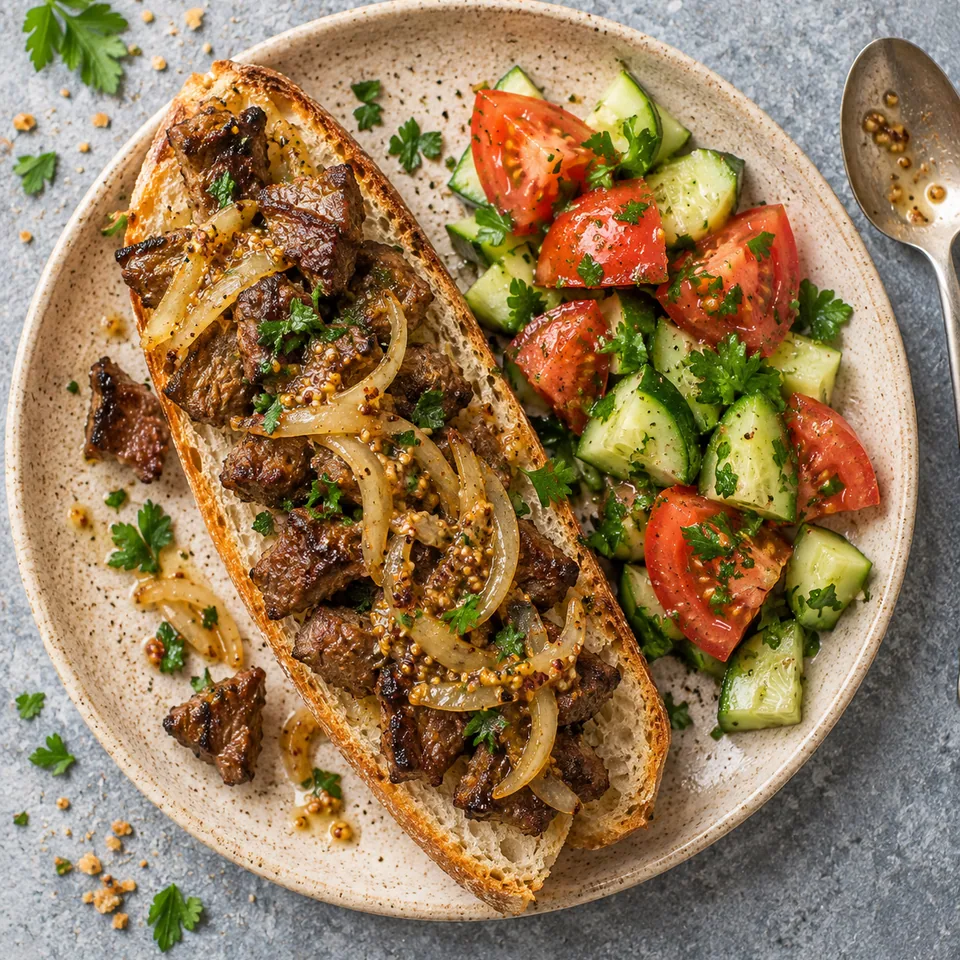 Dibi d’agneau grillé, oignons moutardés : portion de baguette garnie d'agneau doré et oignons brillants, accompagnée de salade tomates-concombre-persil sur assiette beige.