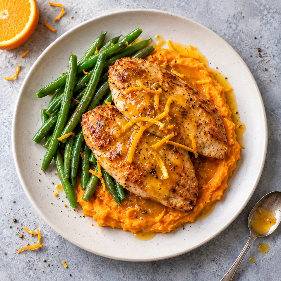 Assiette de dinde à l'orange et au romarin sur purée de patate douce et haricots verts, sauce brillante.