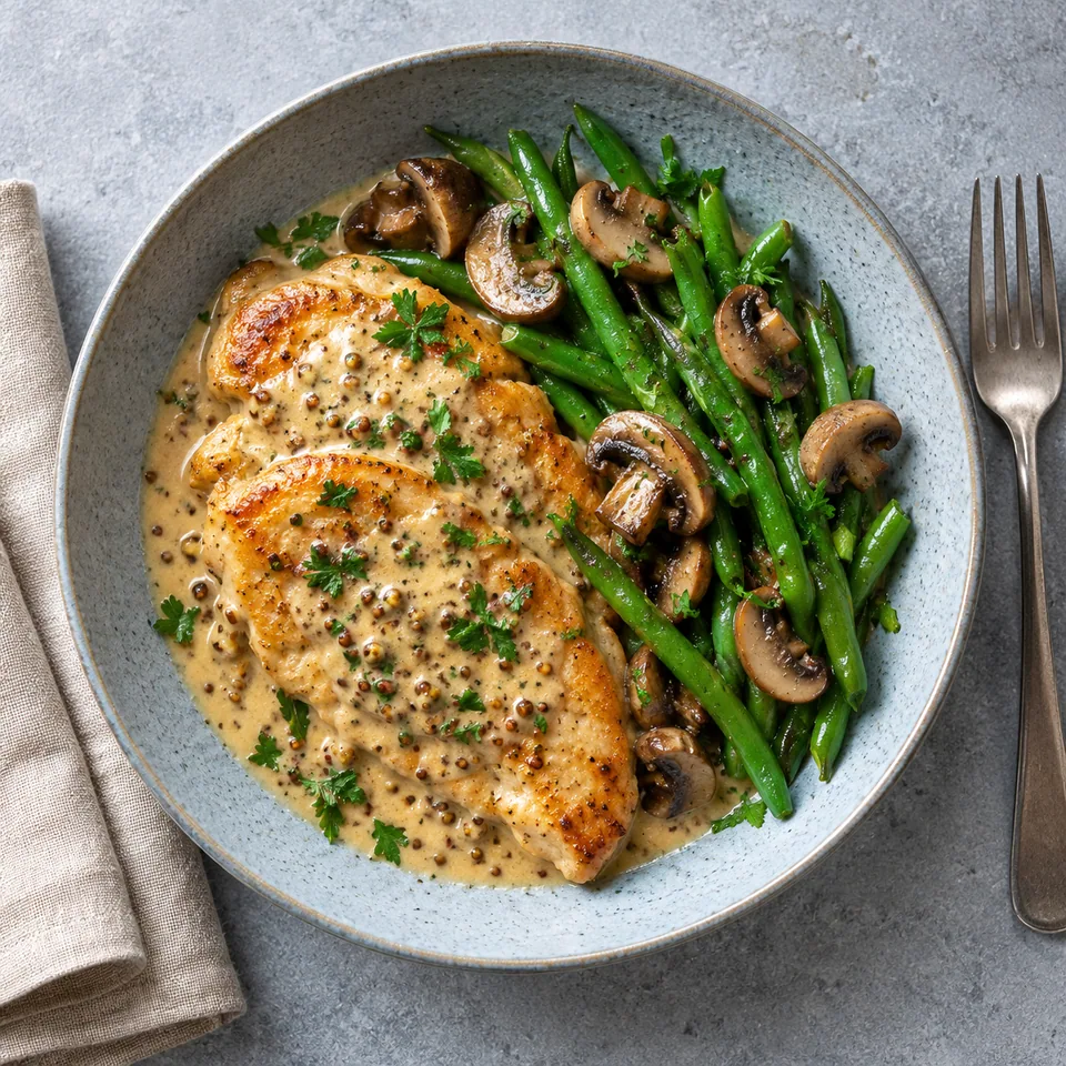 Dinde à la moutarde, haricots verts et champignons sur assiette bleue, sauce crémeuse et persil.