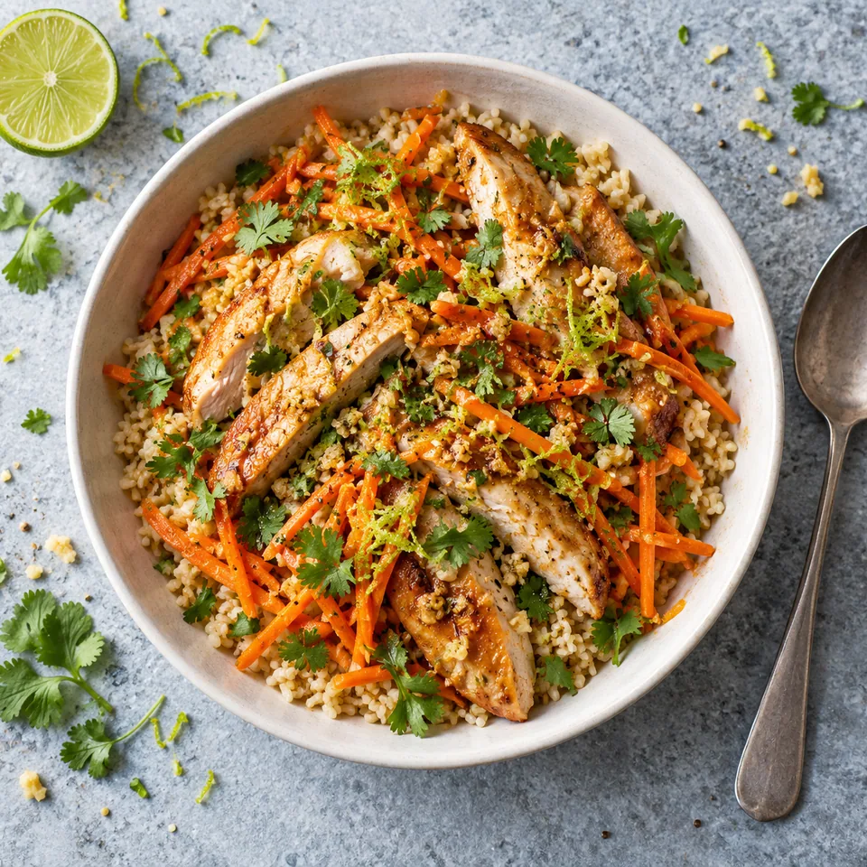 Bol de dinde au gingembre et riz complet, garni de carottes râpées et coriandre fraîche.