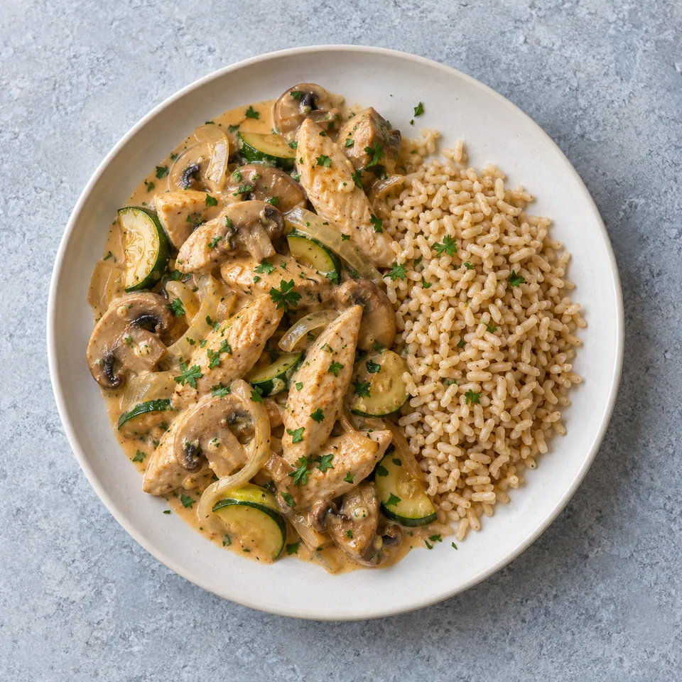 Dinde aux champignons et riz complet : lamelles en sauce crémeuse au persil, courgettes en demi-rondelles et riz brun à côté.