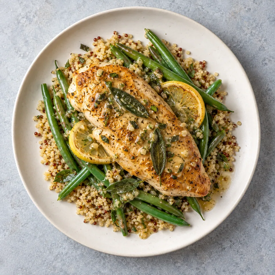 Assiette de dinde citron-sauge, haricots verts et quinoa, sauce brillante.