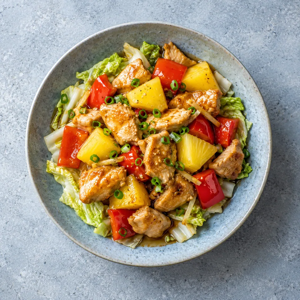Dinde sautée à l'ananas et au gingembre servie sur du chou chinois dans une assiette creuse bleu-gris.