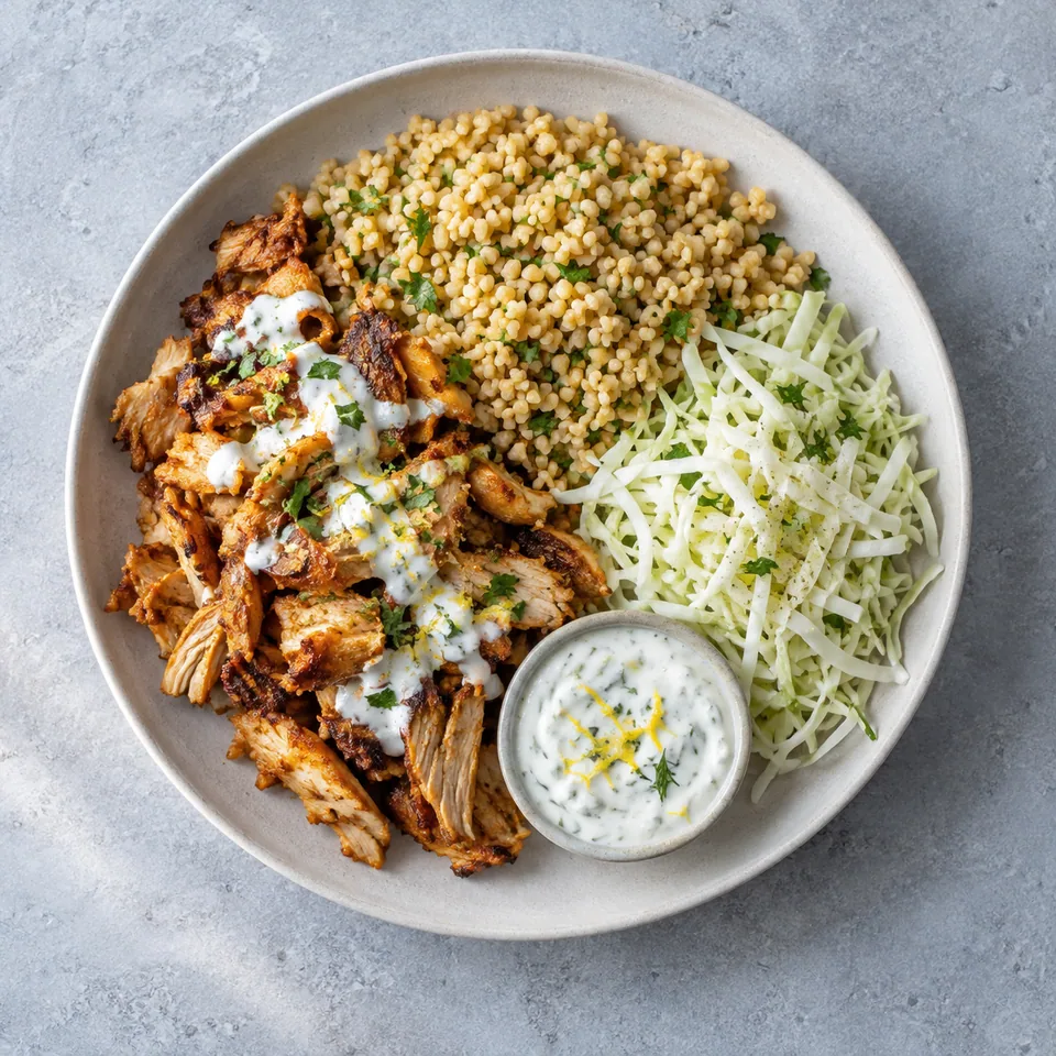 Dinde shawarma en morceaux avec boulgour, chou blanc émincé et sauce blanche au yaourt citronné.