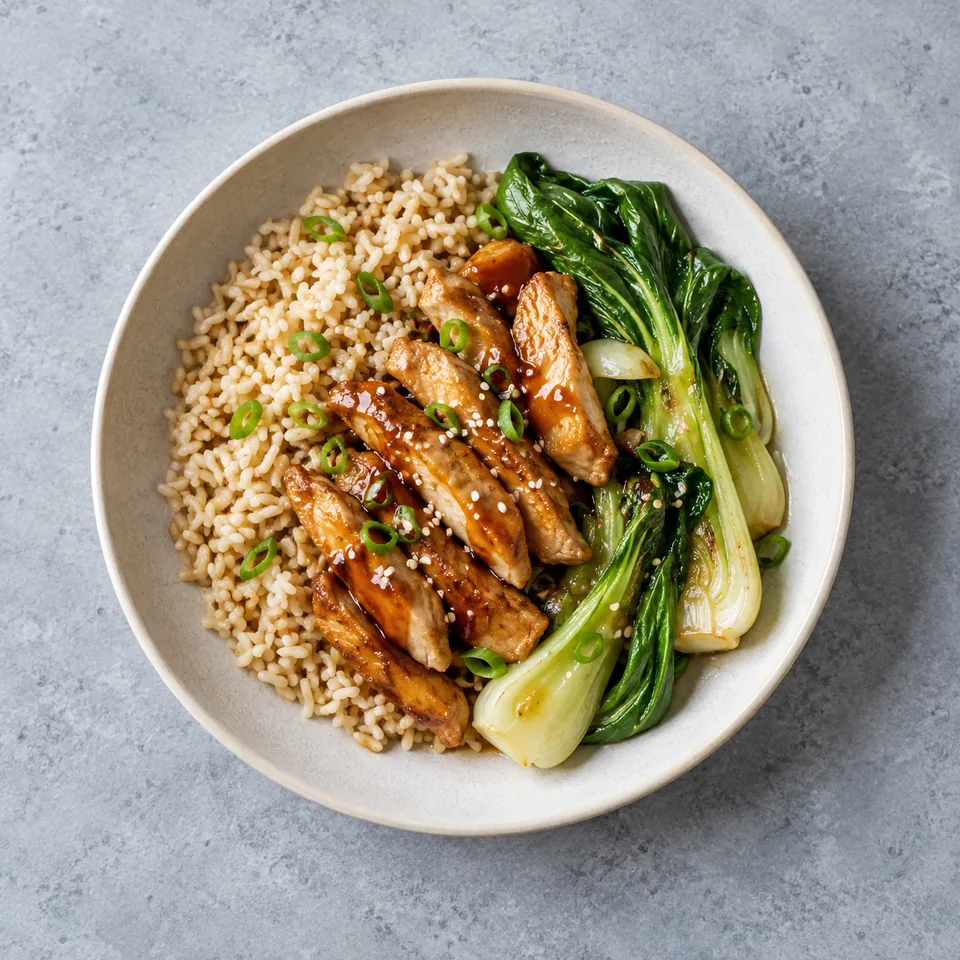 Dinde teriyaki, riz complet et pak-choï : lamelles de dinde brillantes, riz brun et légumes verts dans une assiette.