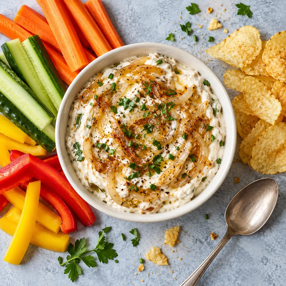 Portion de dip aux oignons dorés dans un bol blanc, accompagnée de bâtonnets de légumes frais et de chips croustillantes.