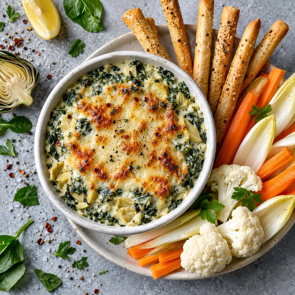 Dip chaud épinards-artichauts et gressins dans un bol blanc, garni de gressins et de bâtonnets de légumes crus.