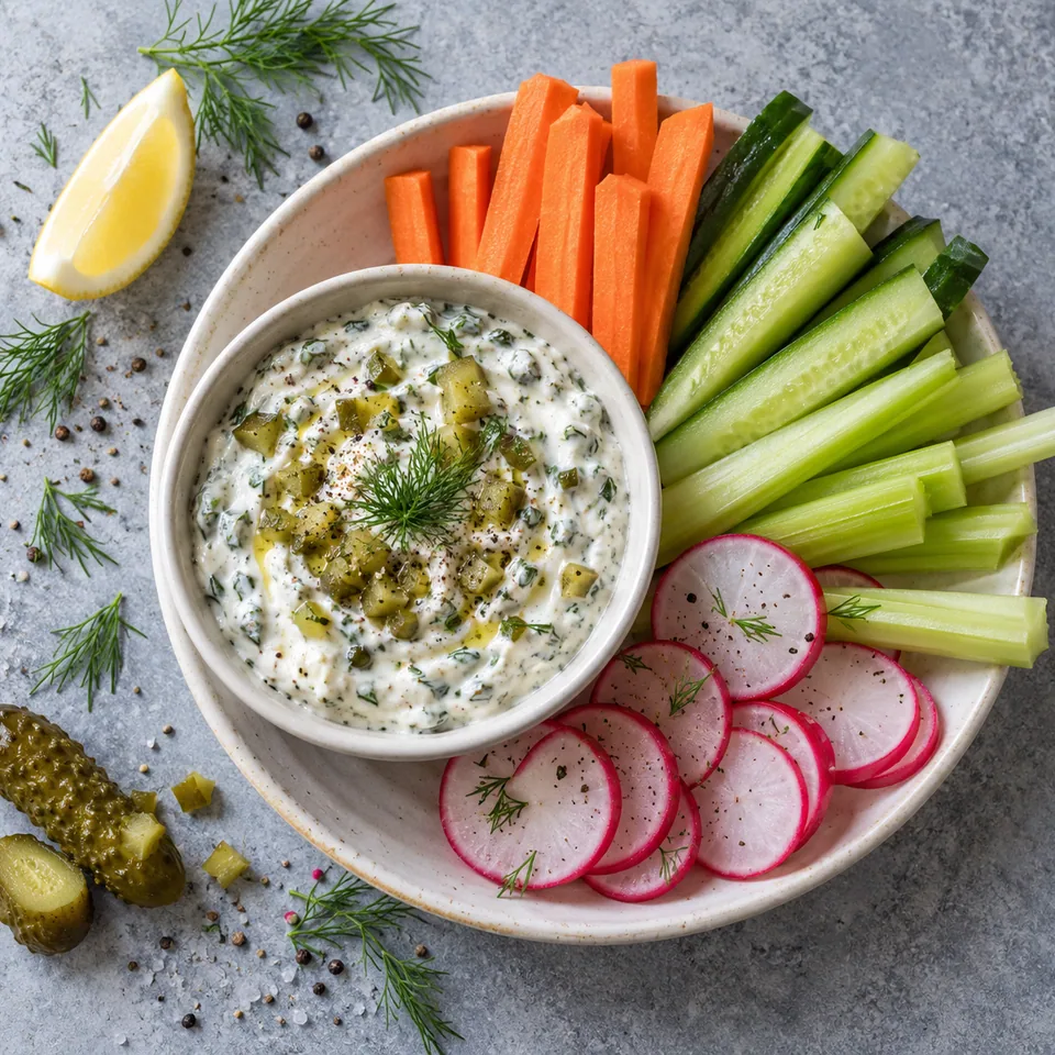 Dip cornichon-aneth au fromage blanc et légumes : bol de crème verte et légumes crus colorés en bâtonnets.