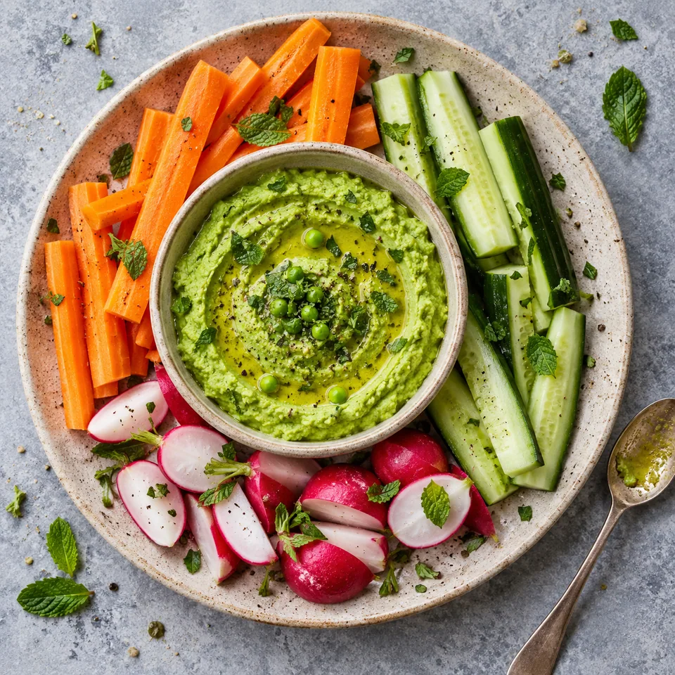 Assiette de dip de petits pois à la menthe vert lisse avec bâtonnets de légumes crus colorés (carotte, concombre, radis)
