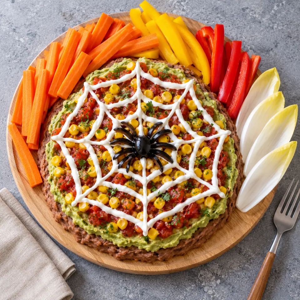 Dip mexicain à étages sur planche en bois : couches colorées, yaourt en toile d'araignée, olives pattes, crudités.
