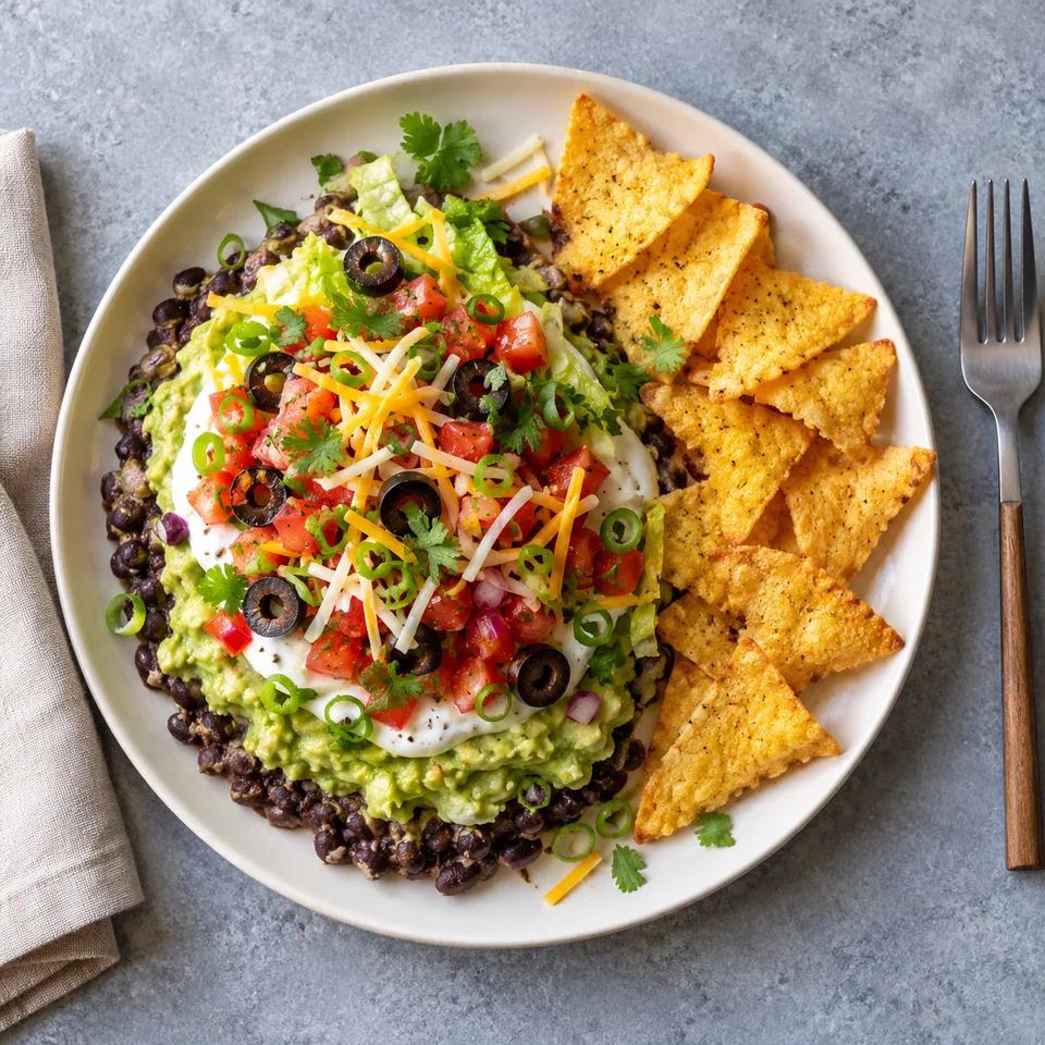Portion de dip mexicain aux haricots et guacamole avec chips de polenta sur assiette blanche