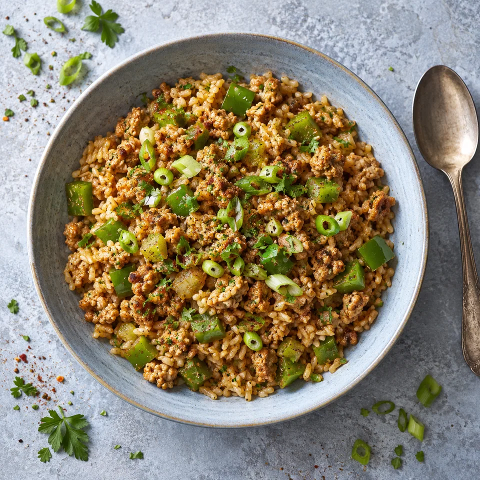 Assiette de dirty rice cajun à la dinde et légumes, riz brun, dinde hachée, poivron vert, céleri et ciboule fraîche.