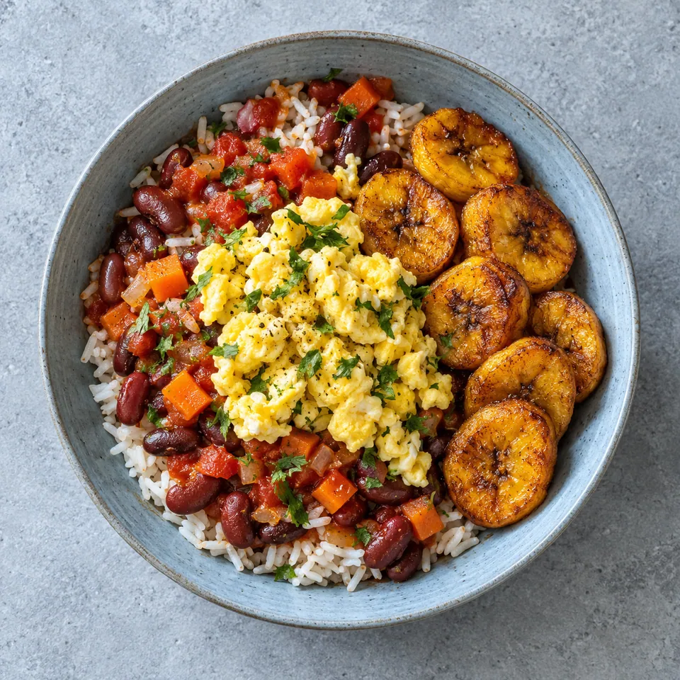 Assiette creuse bleu-gris : riz, haricots rouges, œufs brouillés cuits et rondelles de plantain dorées.