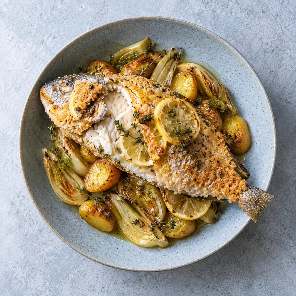 Dorade en croûte de sel dorée sur lit de légumes rôtis, garnie de citron et thym sur assiette bleutée
