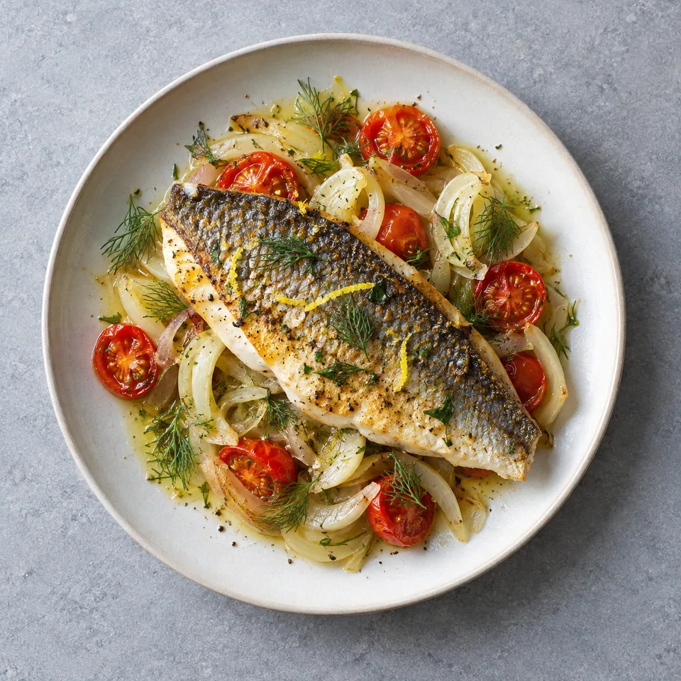 Dorade grillée posée sur fenouil émincé, tomates cerises fondantes, oignon, aneth et zestes de citron.