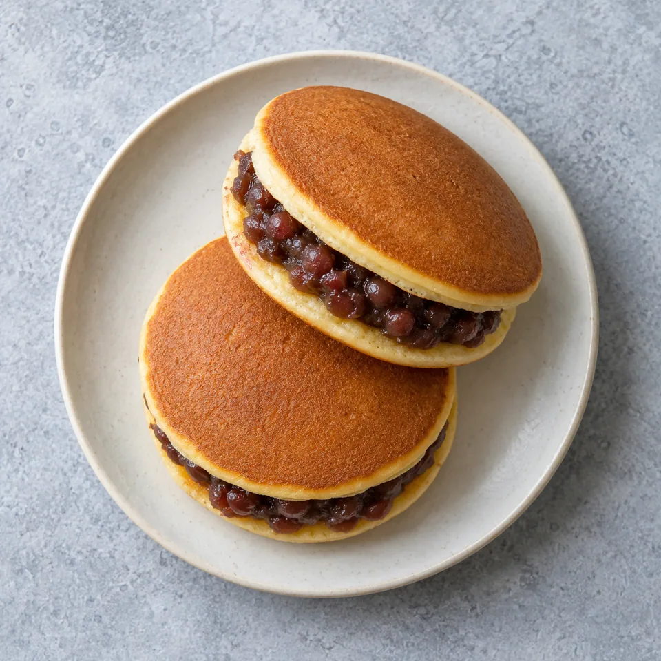 Dorayaki : deux pancakes japonais dorés garnis de pâte de haricots rouges foncée, servis sur une assiette blanche.