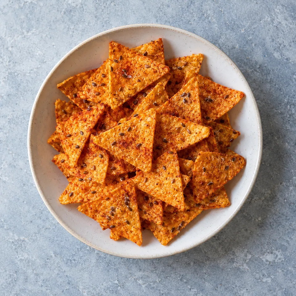 Doritos maison au paprika : triangles de maïs dorés et graines de lin sur une assiette.