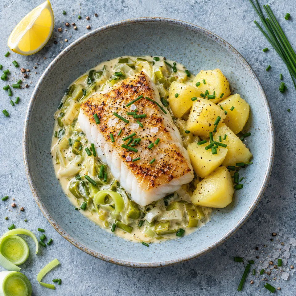 Dos de cabillaud, poireaux crémeux et pommes vapeur sur assiette creuse bleu-gris
