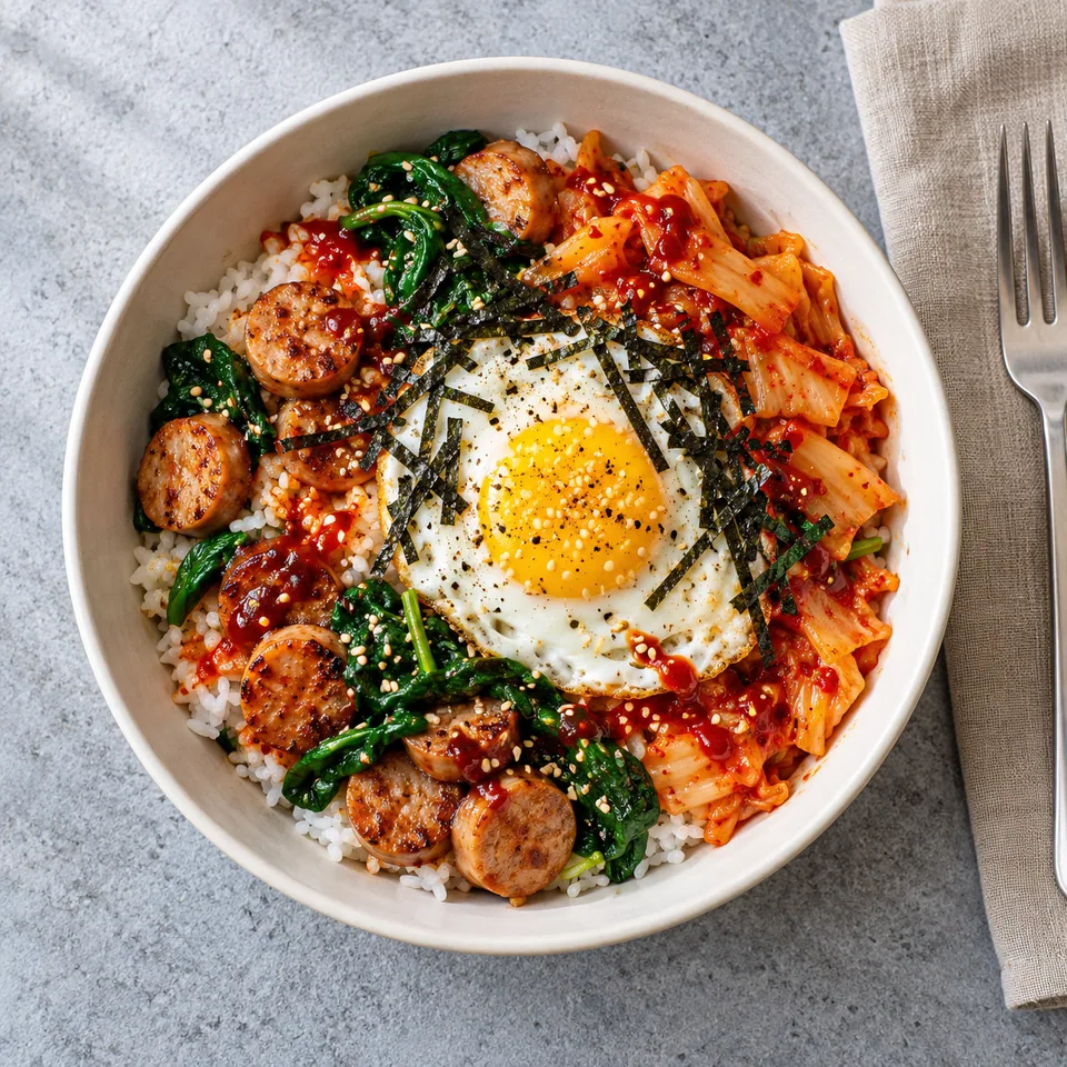 Dosirak à secouer : riz, saucisse dorée, œuf cuit, épinards et kimchi rouge dans un bol blanc cassé.