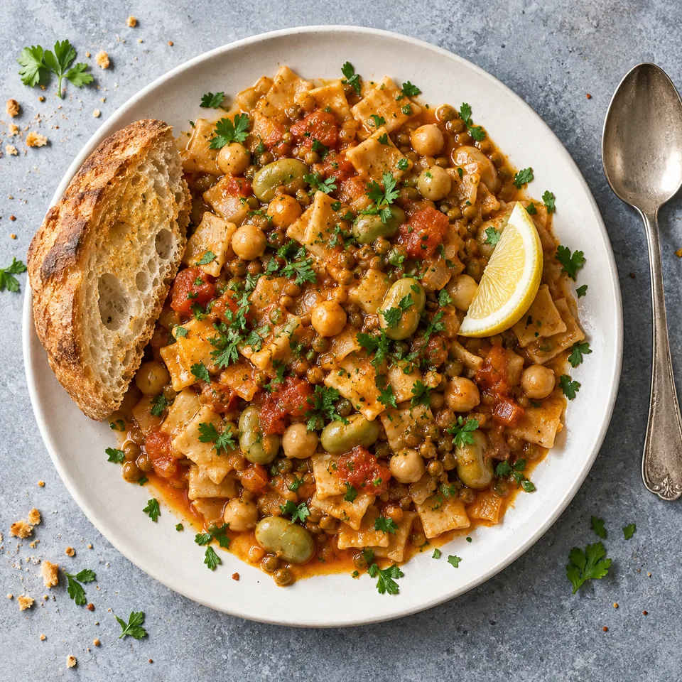 Doubara de Biskra aux légumineuses : pois chiches, fèves et lentilles mijotés en sauce tomate, garnis de persil et citron, accompagnés de pain sur assiette blanche.