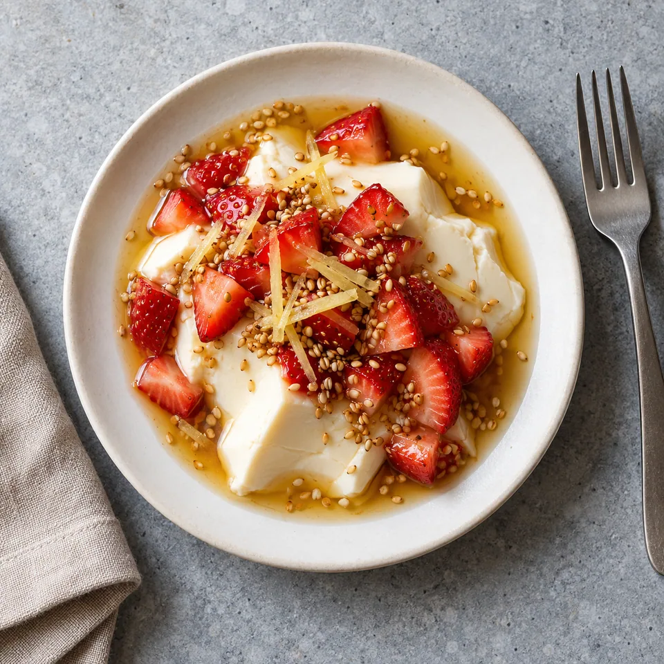 Portion de Douhua aux fraises et gingembre : tofu soyeux blanc nappé de sirop doré, dés de fraises rouges et graines de sésame grillées.