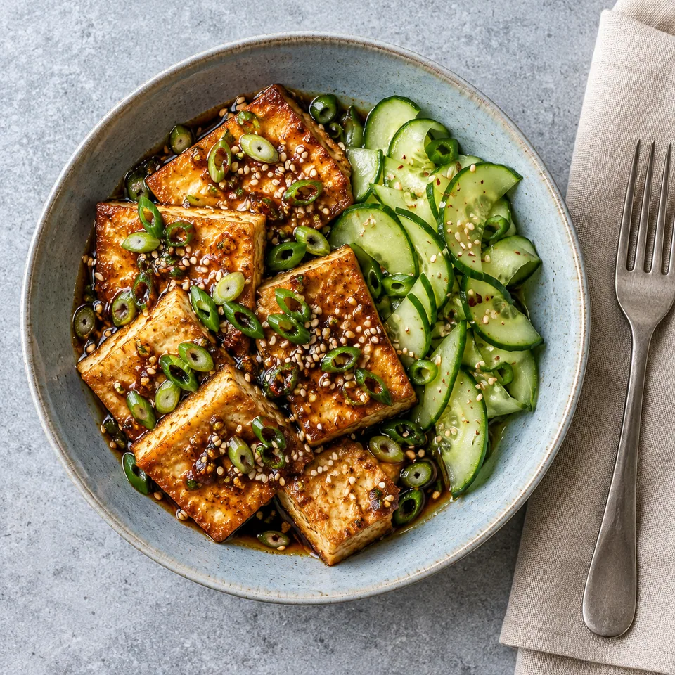 Dubu buchim : tofu doré croustillant à la sauce soja et ciboule, servi avec concombre frais sur assiette grise.