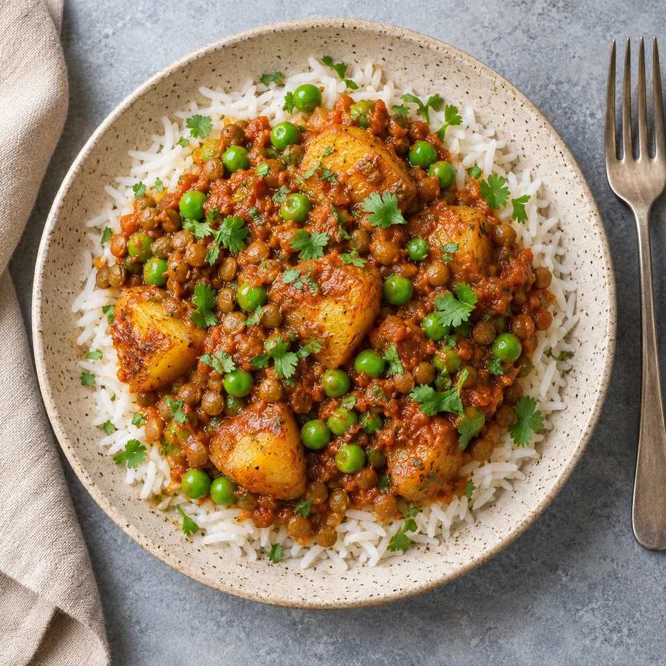 Dum aloo aux lentilles et petits pois : riz, pommes de terre dorées, lentilles et sauce tomate verte sur assiette beige.