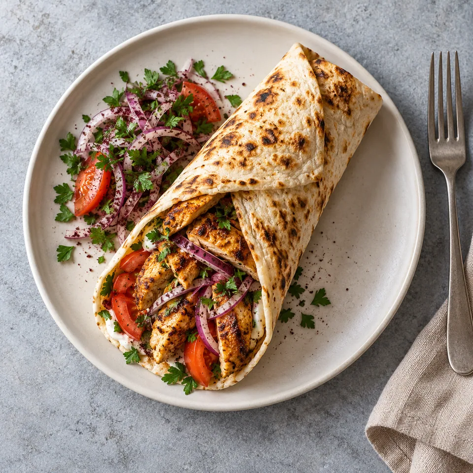 Dürüm de poulet grillé, oignons au sumac et persil : une portion roulée sur assiette blanche, montrant poulet doré, tomates et oignons rouges.