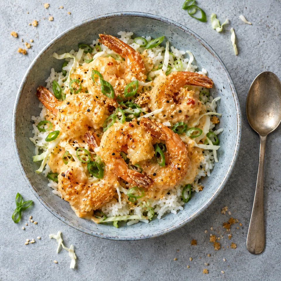 Assiette creuse de riz aux crevettes dorées, sauce crémeuse et légumes croquants.