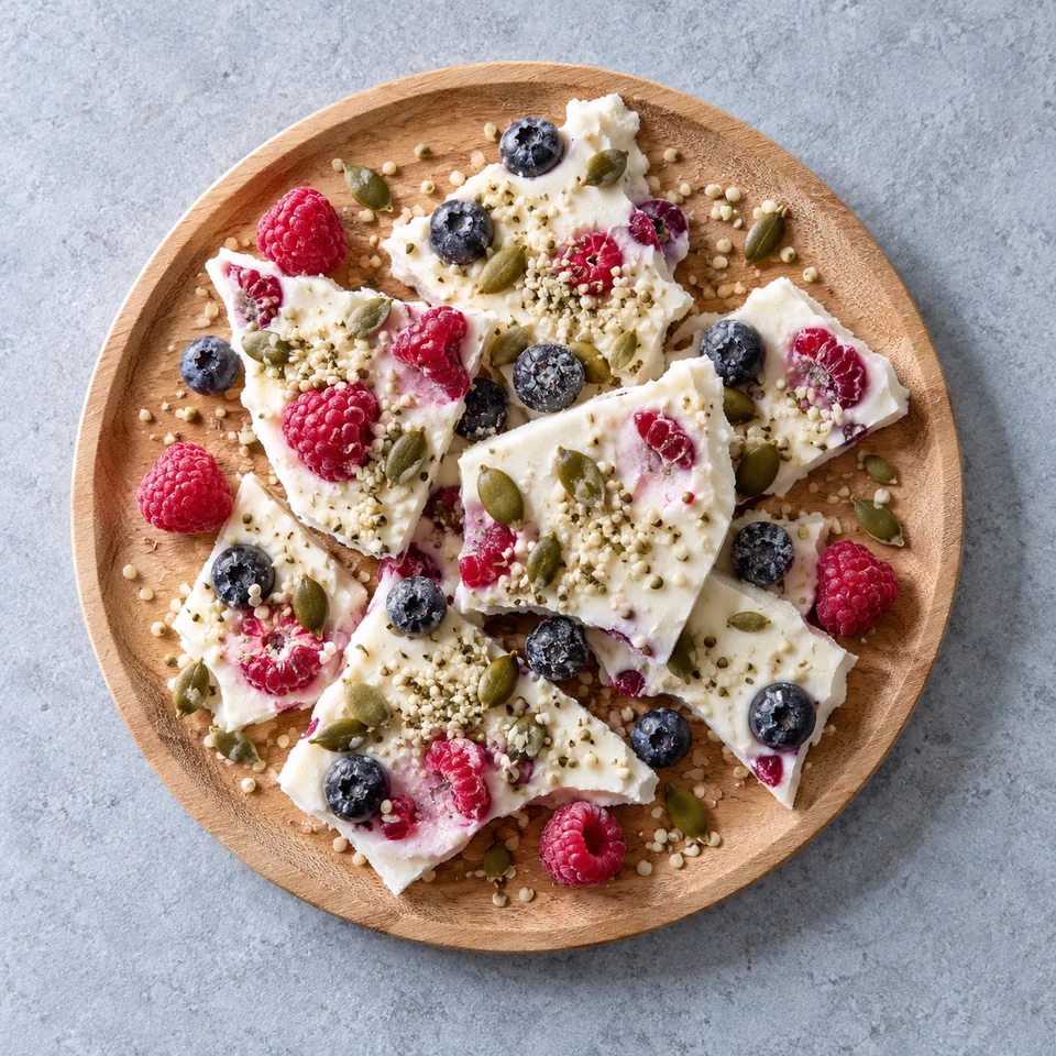 Éclats glacés au yaourt de soja aux fruits rouges et graines sur une planche en bois.