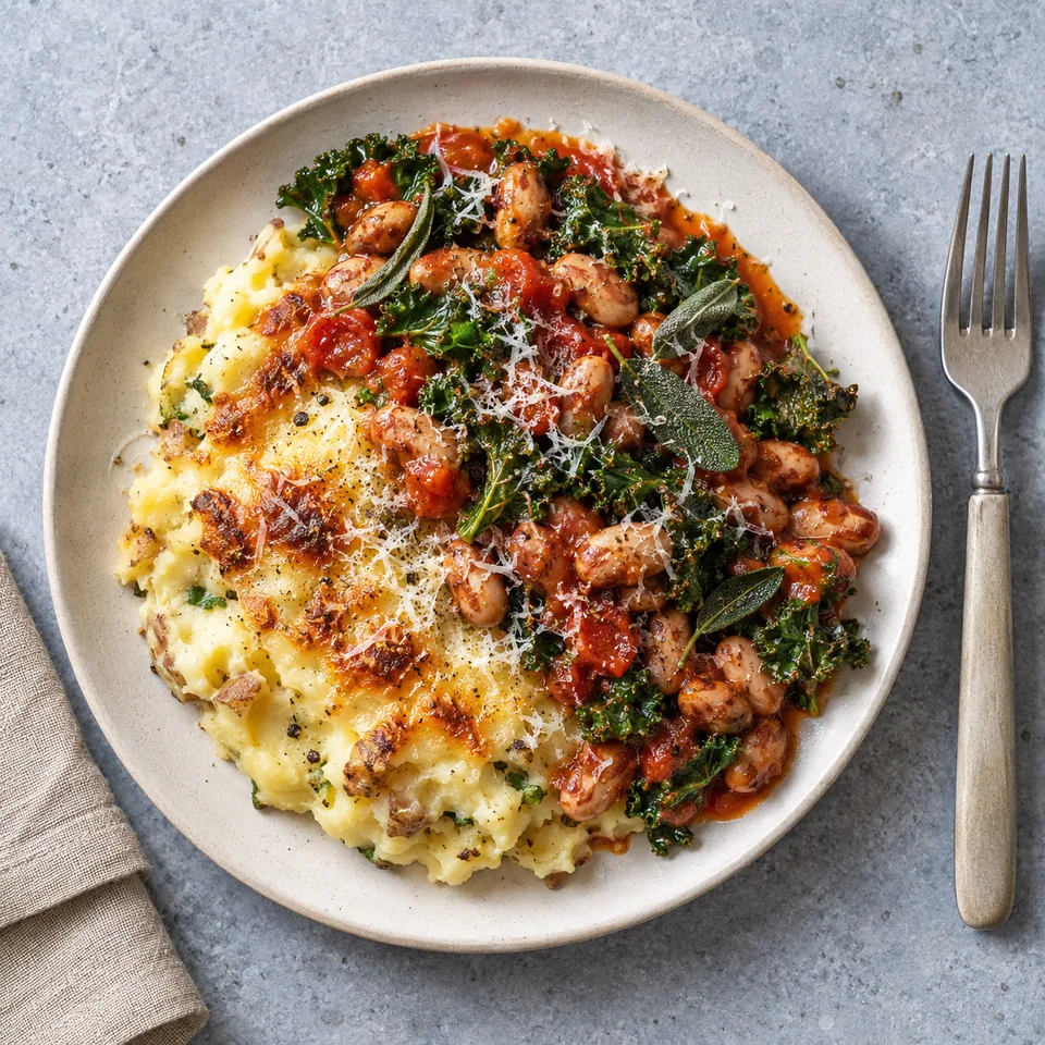Écrasé de pommes de terre aux borlotti et au kale : écrasé crémeux surmonté de haricots et kale sautés à la sauge, parsemé de fromage.