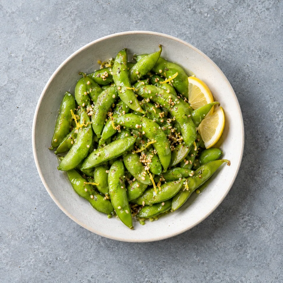 Edamame au sésame et citron : gousses vertes brillantes parsemées de graines dorées sur une assiette.