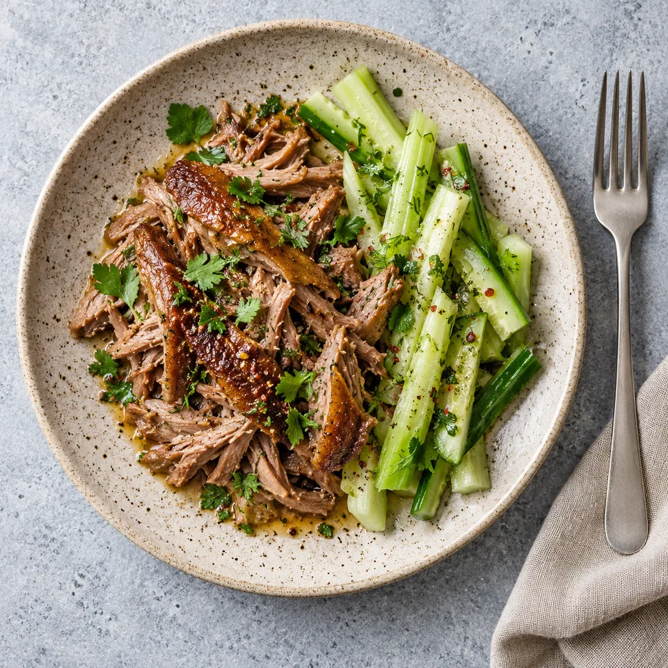 Effiloché de canard, céleri et concombre vinaigré : viande effilochée dorée et bâtonnets de légumes frais sur assiette beige.