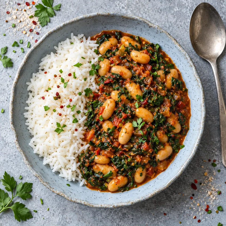 Efo riro aux épinards et haricots blancs, riz : riz blanc et légumes en sauce rouge dans une assiette creuse bleu-gris.