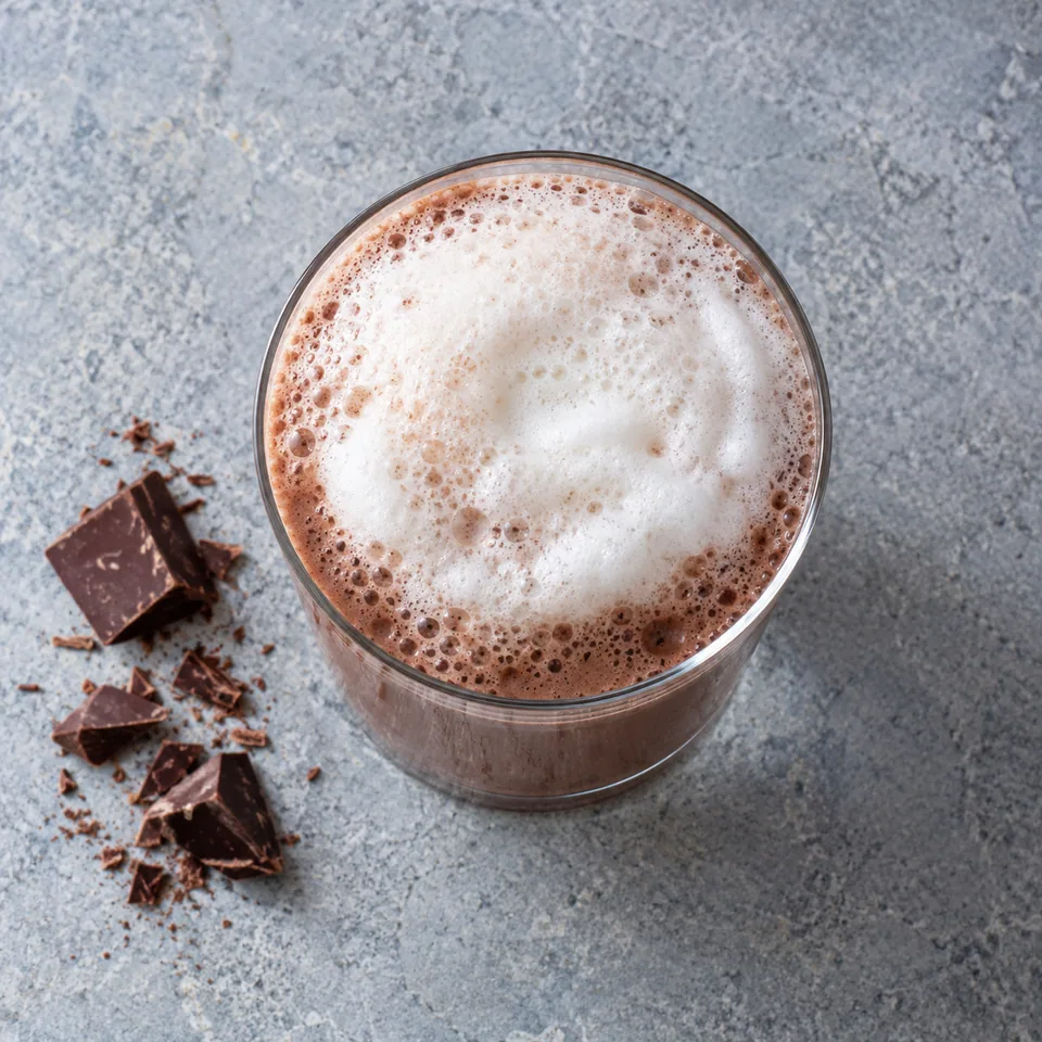 Egg cream new-yorkais au cacao dans un grand verre droit transparent, avec une mousse blanche aérienne sur un liquide brun chocolat.