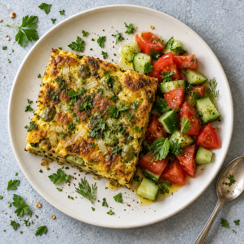 Eggah égyptienne aux fèves, herbes et oignons : portion d'omelette dorée avec salade de tomates et concombre.