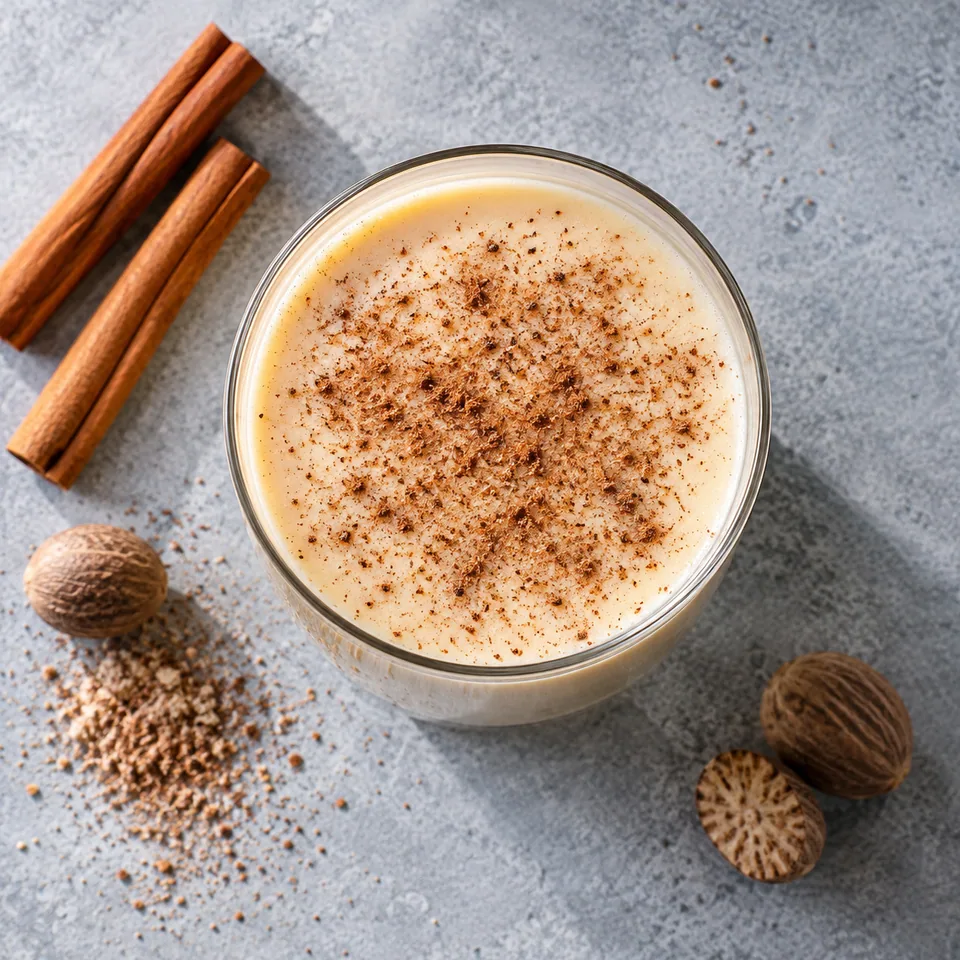 Eggnog au rhum, muscade et cannelle dans un grand verre transparent, crème beige clair saupoudrée de cannelle.