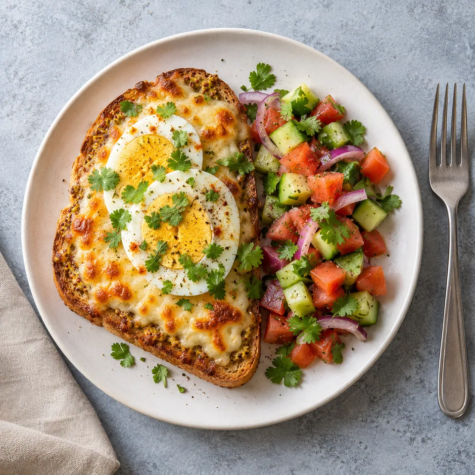 Eggs Kejriwal : toast au fromage et œuf cuit servi avec salade de légumes sur assiette blanche.