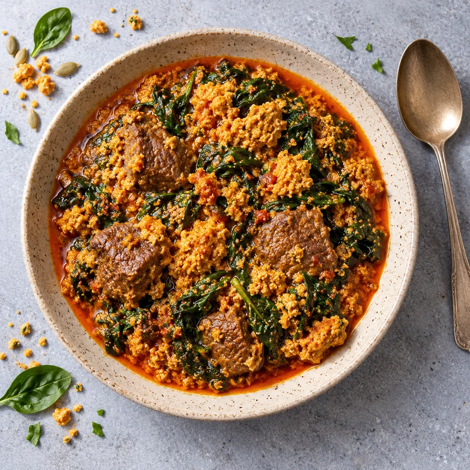 Ragoût nigérian Egusi : grumeaux dorés de graines de courge, bœuf tendre et épinards dans une sauce rouge, servi dans une assiette en grès beige.