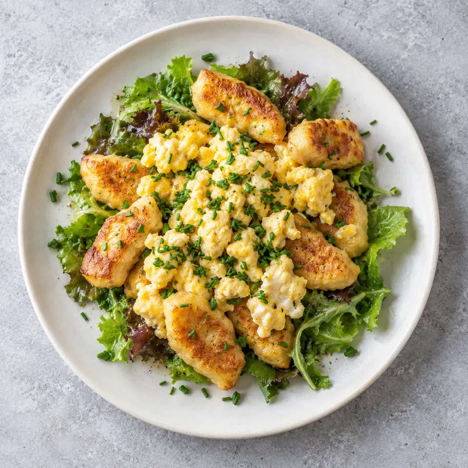 Assiette plate en céramique blanche : quenelles dorées aux œufs et ciboulette sur salade verte.