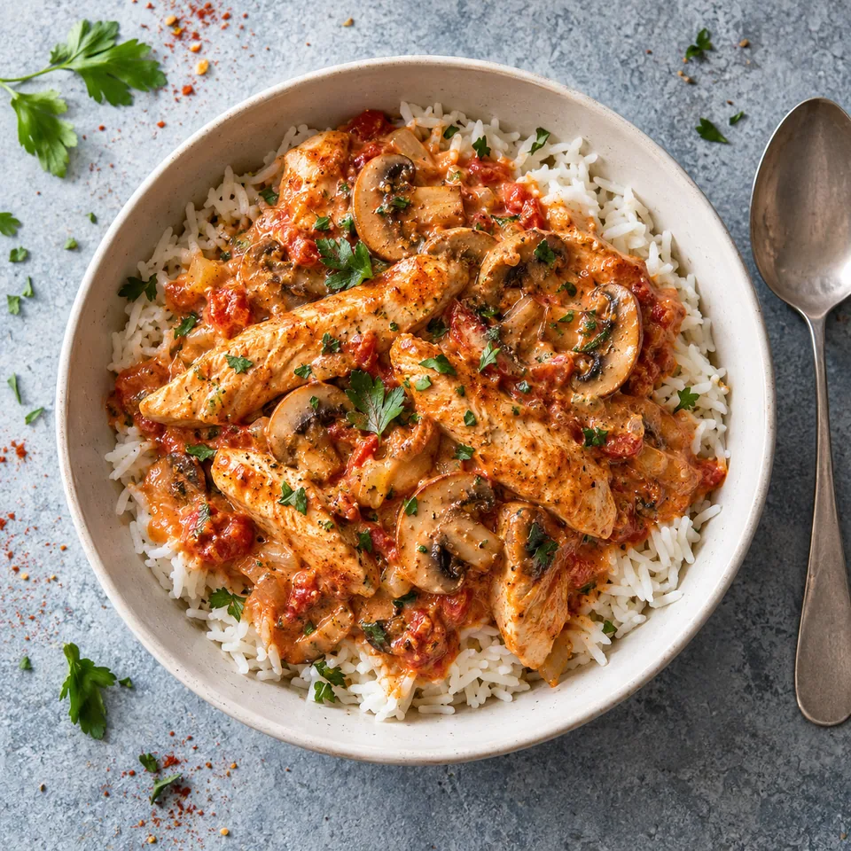 Émincé de dinde à la crème de tomate, riz : riz blanc dans un bol, recouvert de dinde, champignons et sauce rouge crémeuse.
