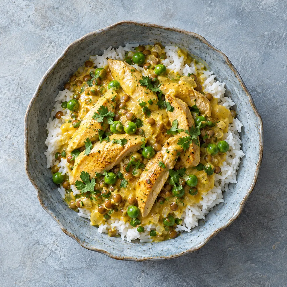 Bol de riz au poulet curry et lait de coco avec lentilles et petits pois